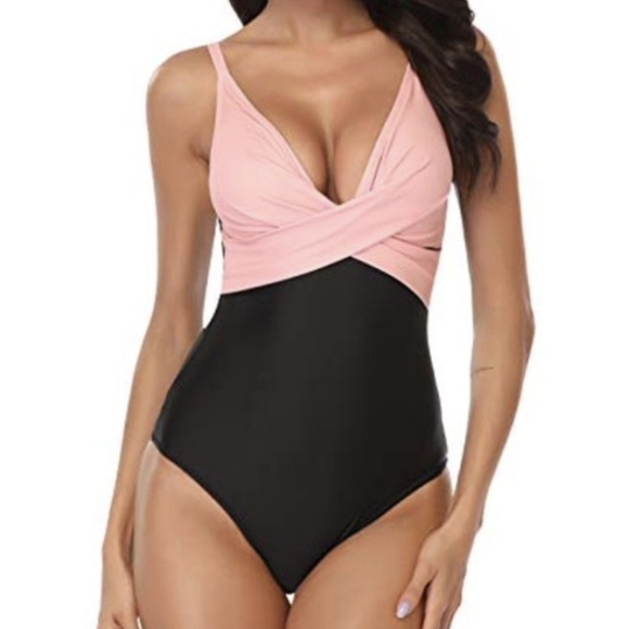 Block Color One Piece Swimsuit Womens XL Peach Pink Black Crossover Neckline NWT - Picture 1 of 10